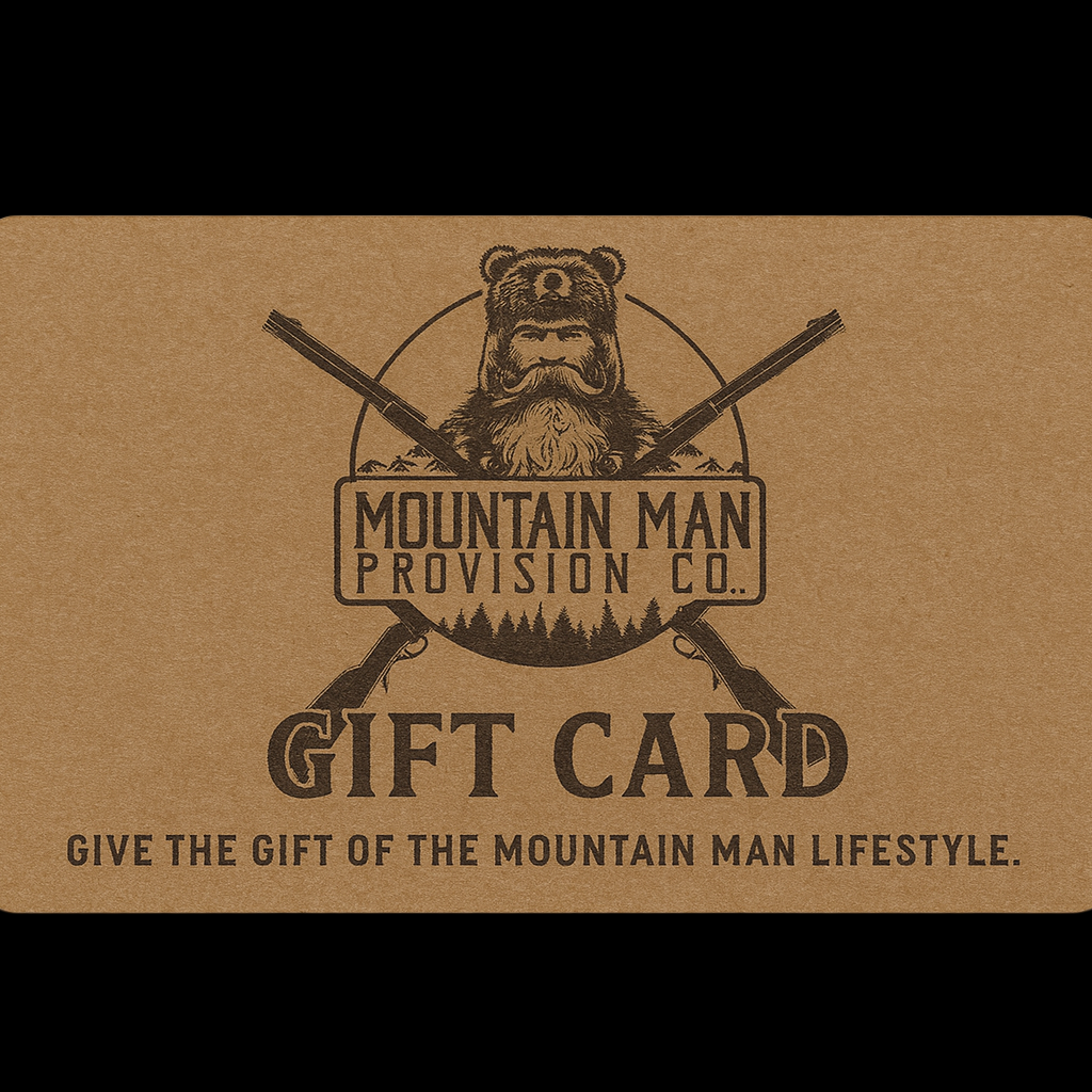 Gift card from Mountain Man Provision Co with a bear illustration on a brown background