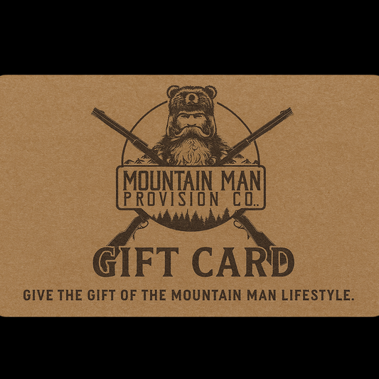 Gift card from Mountain Man Provision Co with a bear illustration on a brown background